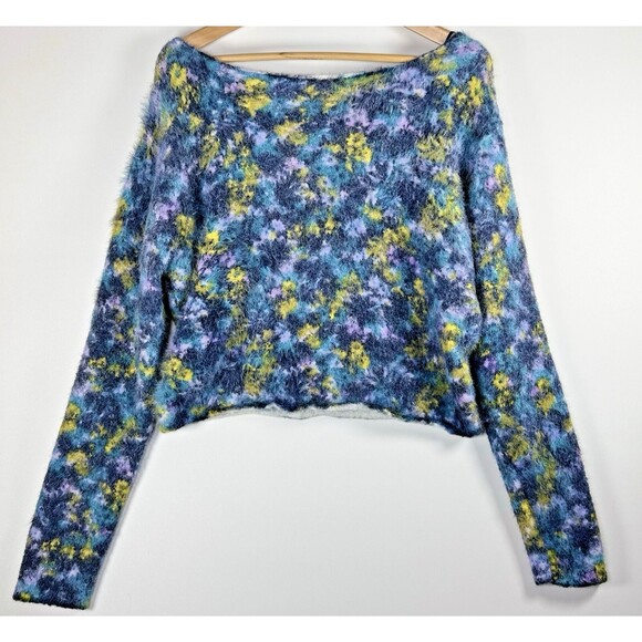 Pilcro Anthropologie Fuzzy Sweater Medium Cropped Floral Blue Abstract Knit - Picture 3 of 10